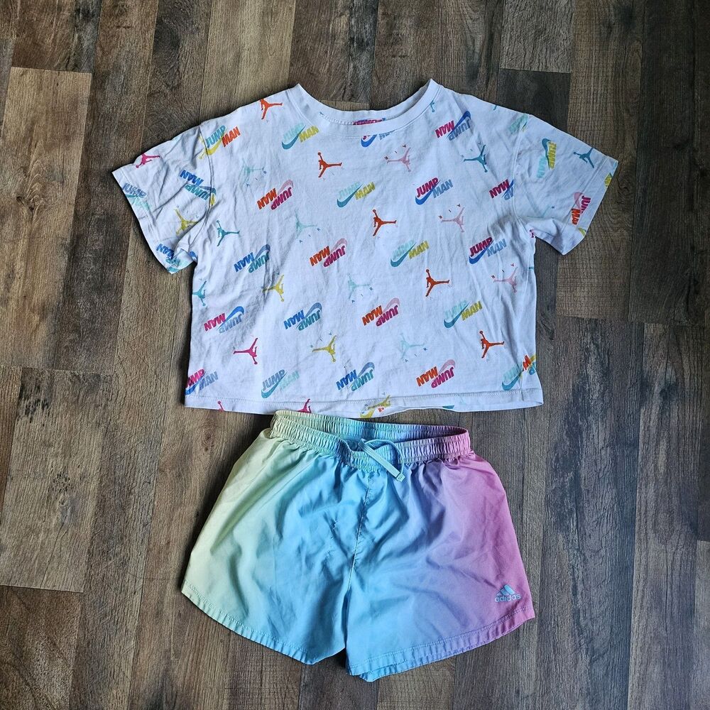 Jordan Jumpman Crop Tee Adidas Rainbow Ombre Shorts Set Girls XL 14